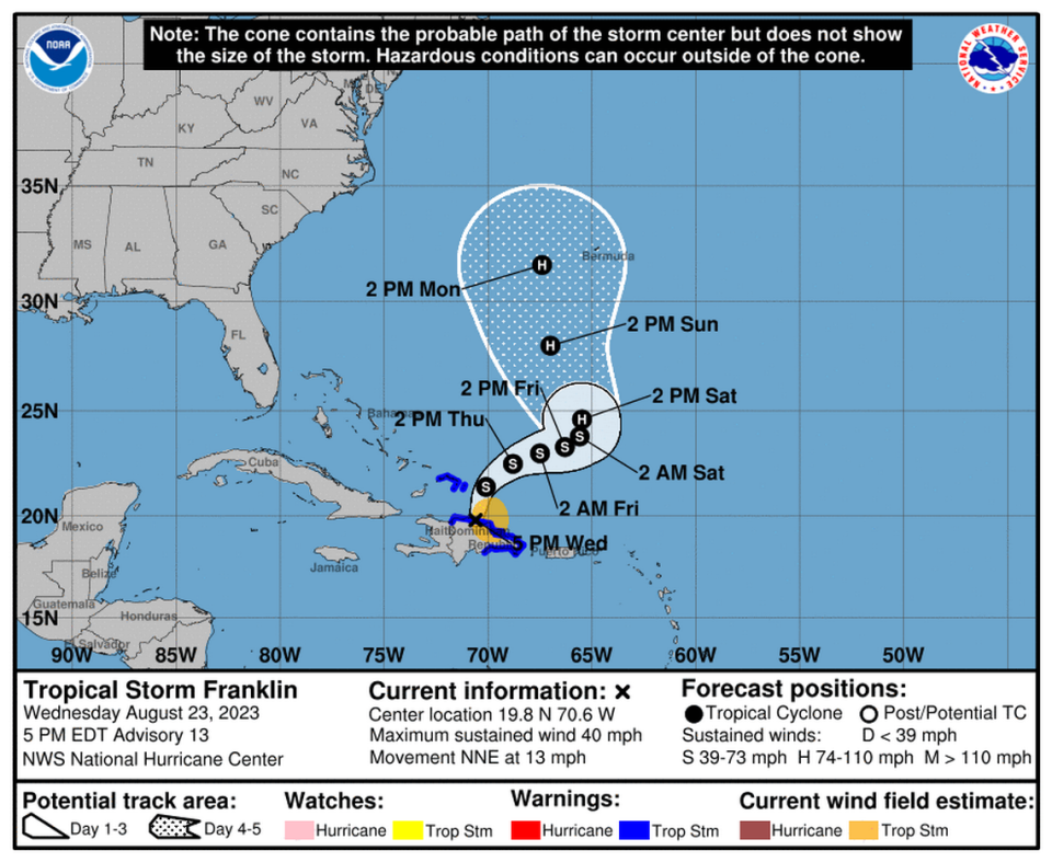 Tropical Storm Franklin was nearly through its passage over Hispaniola Wednesday evening, and forecasters expect it to strengthen further in coming days.