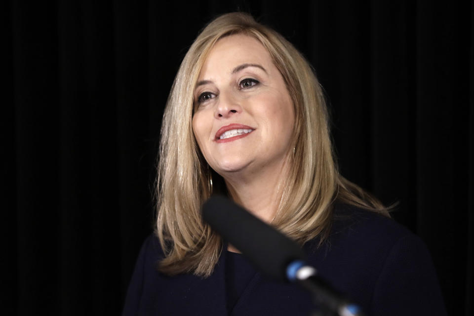 File-This March 6, 2018, file photo shows Nashville Mayor Megan Barry announcing her resignation in Nashville, Tenn. Barry has announced a run for the U.S. House seat held by Republican Rep. Mark Green. Barry's announcement Wednesday Dec. 6, 2023 kicks off a political comeback attempt more than five years after the fallout from an extramarital affair cut her tenure short. (AP Photo/Mark Humphrey, File)