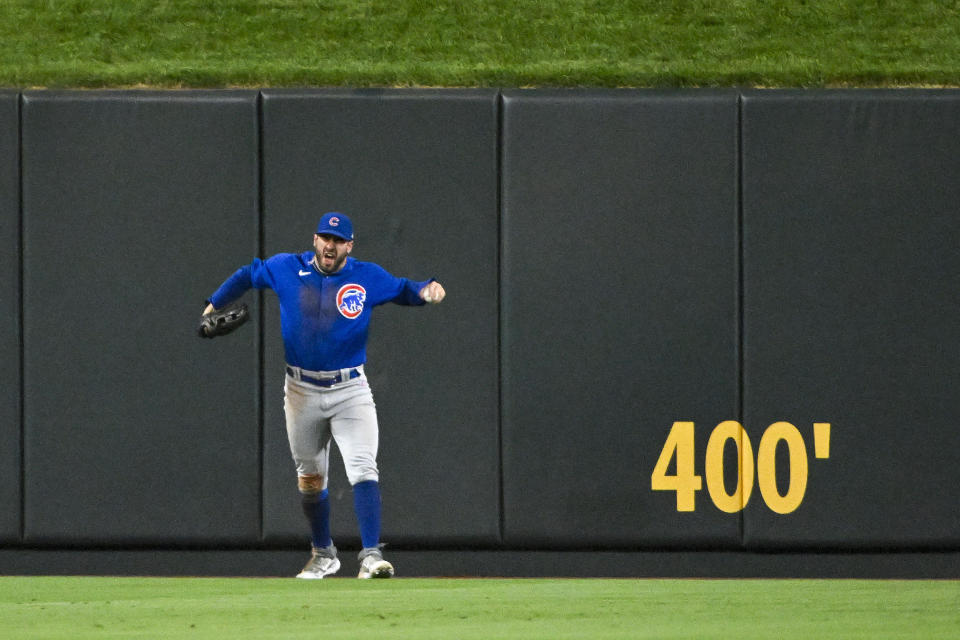 Jul 28, 2023; St. Louis, Missouri, USA;  Chicago Cubs center fielder Mike Tauchman (40) reacts after making a game winning catch robbing a home run from St. Louis Cardinals pinch hitter Alec Burleson (not pictured) to end the game in the ninth inning at Busch Stadium. Mandatory Credit: Jeff Curry-USA TODAY Sports