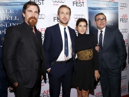 Cast members (L-R) Christian Bale, Ryan Gosling, Marisa Tomei and Steve Carell pose at the premiere of "The Big Short" during the closing night of AFI Fest 2015 in Hollywood, California November 12, 2015. The movie opens in the U.S. on December 23. REUTERS/Mario Anzuoni