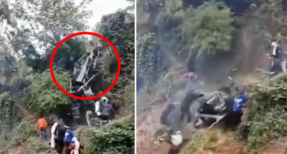 The funeral workers struggled to pull the coffin up a steep cliff face to the burial site. Source: Xuanwo Video