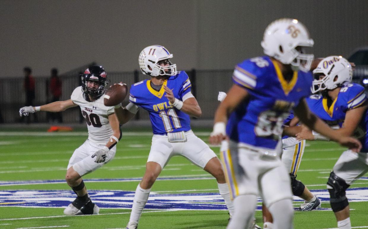 Quarterback Kason Brown looks for a open receiver during a game on Friday, September 15, 2023.