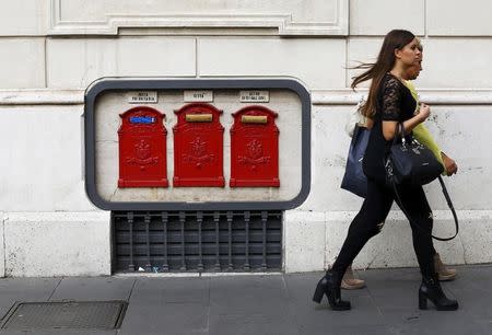 Women walk past mailboxes in central Rome October 9, 2015. Italy's Treasury set a price range for the initial public offering of the post office that values it at up to 9.8 billion euros ($11 bln), in what will be the country's biggest privatisation in a decade. The Treasury said on Friday that the post office group would be offering up to 38.2 percent of its capital, in a price range of 6.00-7.50 euros per share, roughly in line with market expectations. REUTERS/Alessandro Bianchi