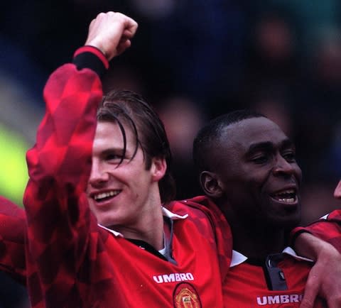 DYNAMIC DUO GOAL SCORERS DAVID BECKHAM AND ANDY COLE CELEBRATE WITH 2 EACH - Credit: RUSSELL CHEYNE FOR THE TELEGRAPH