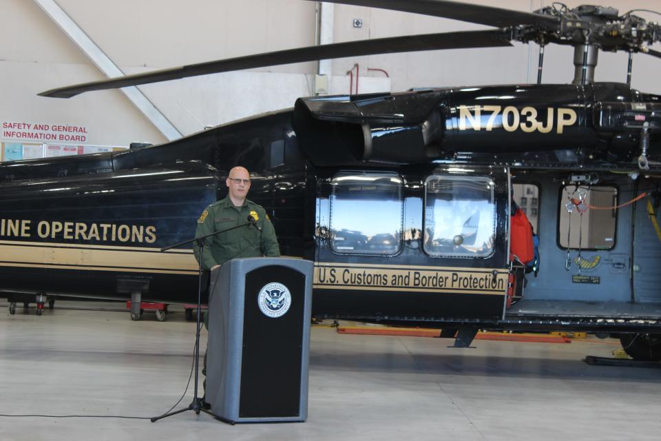 John Modlin, chief patrol agent of the U.S. Border Patrol's Tucson Sector speaks at the Davis-Monthan Air Force Base about the sector's readiness on Monday, May 8, 2023. The event comes days ahead of Title 42's expected expiration on May 11.