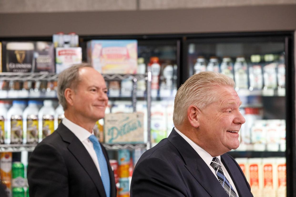 Premier Doug Ford and Finance Minister Peter Bethlenfalvy announced in March that Ontario would accelerate its plan to expand where alcohol is sold by about 16 months. (Alex Lupul/CBC - image credit)