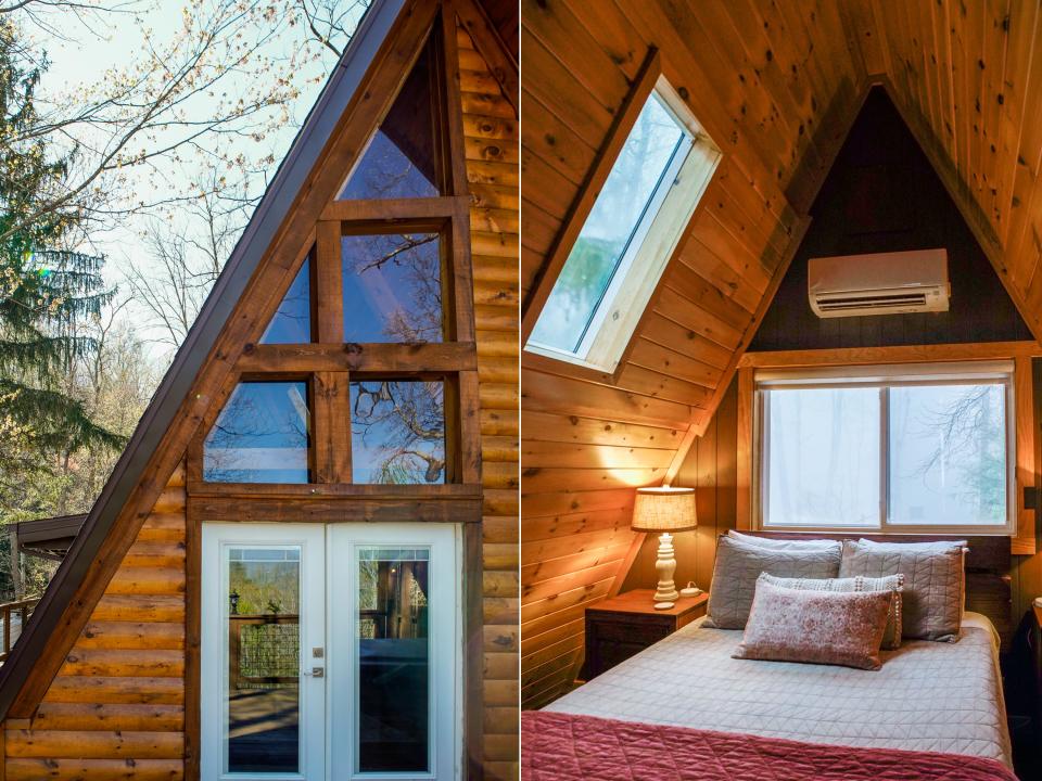 Outside (L) and Inside (R) of an A-frame cabin