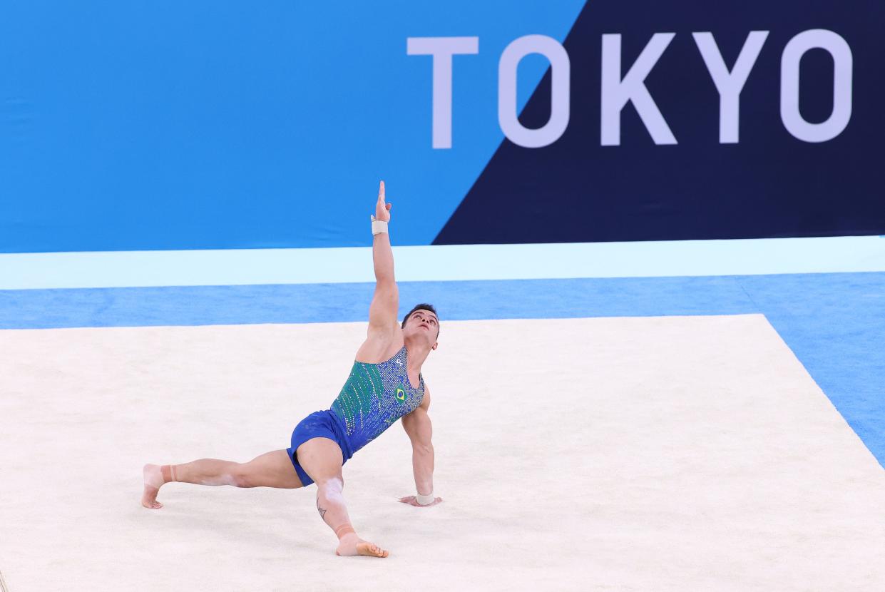 Caio Souza of Team Brazil competes in the floor exercise during the Men's All-Around Final on day five of the Tokyo 2020 Olympic Games at Ariake Gymnastics Centre on July 28, 2021, in Tokyo, Japan.