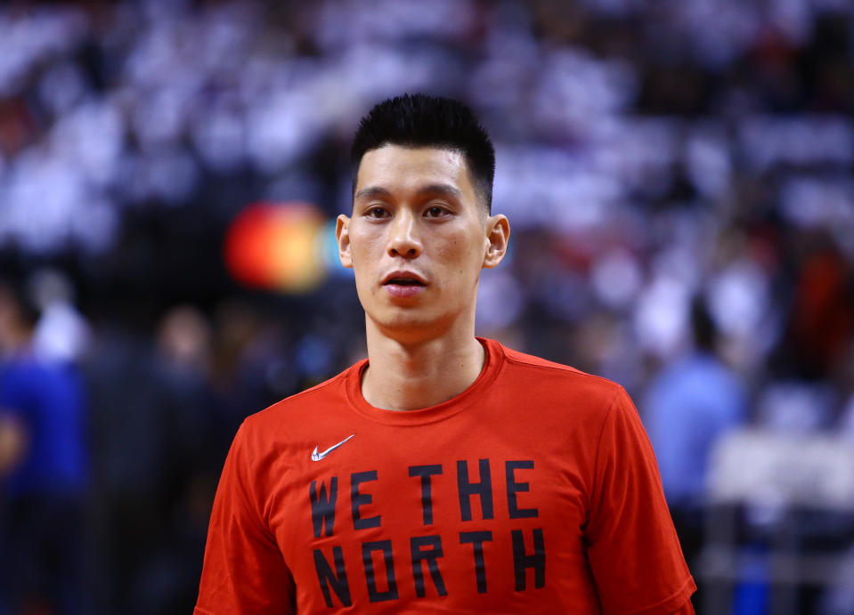 TORONTO, ON - APRIL 29:  Jeremy Lin #17 of the Toronto Raptors looks on during warm up, prior to Game Two of the second round of the 2019 NBA Playoffs against the Philadelphia 76ers at Scotiabank Arena on April 29, 2019 in Toronto, Canada.  NOTE TO USER: User expressly acknowledges and agrees that, by downloading and or using this photograph, User is consenting to the terms and conditions of the Getty Images License Agreement.  (Photo by Vaughn Ridley/Getty Images)