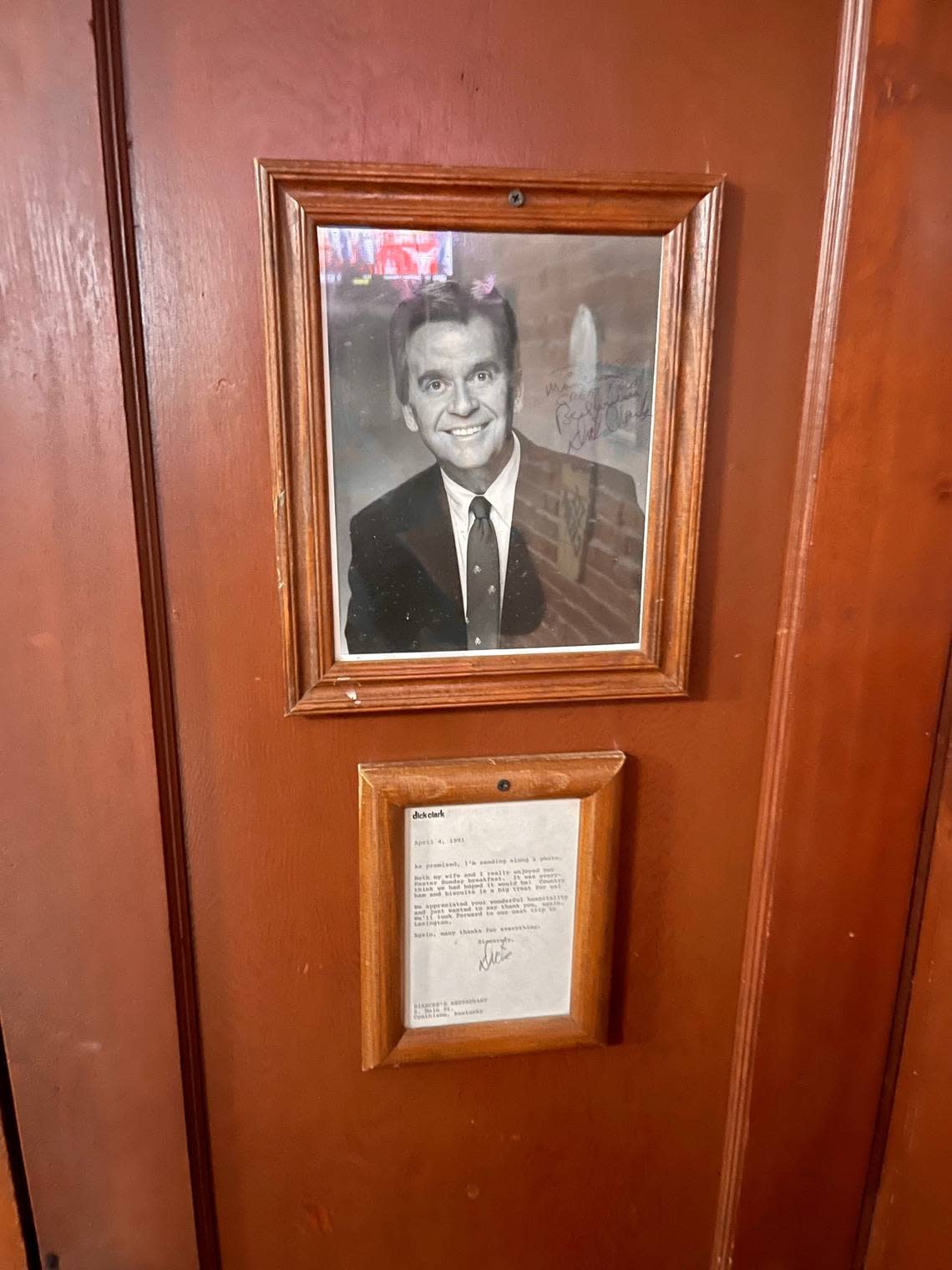 A photo of TV personality Dick Clark and a note from Clark hand on the wall in Biancke’s Restaurant in Cynthiana. Clark and his wife dined there in the early 1990s. The had country ham and biscuits.