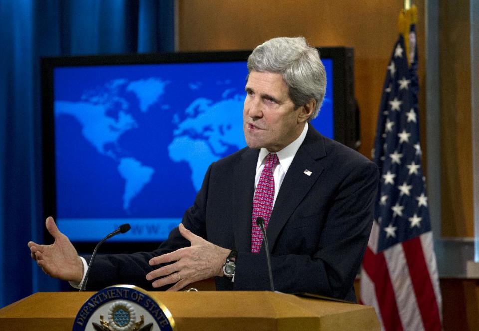 Secretary of State John Kerry speaks about the annual State Department Human Rights report, Thursday, Feb. 27, 2014, at the State Department in Washington. The U.S. says a chemical weapons attack in Syria that the Obama administration says killed more than 1,000 people was the world's worst human rights violation of 2013. An annual State Department report released Thursday also highlights government crackdowns on peaceful protests in Ukraine and Russia's refusal to punish human-rights abusers. (AP Photo/Jose Luis Magana)