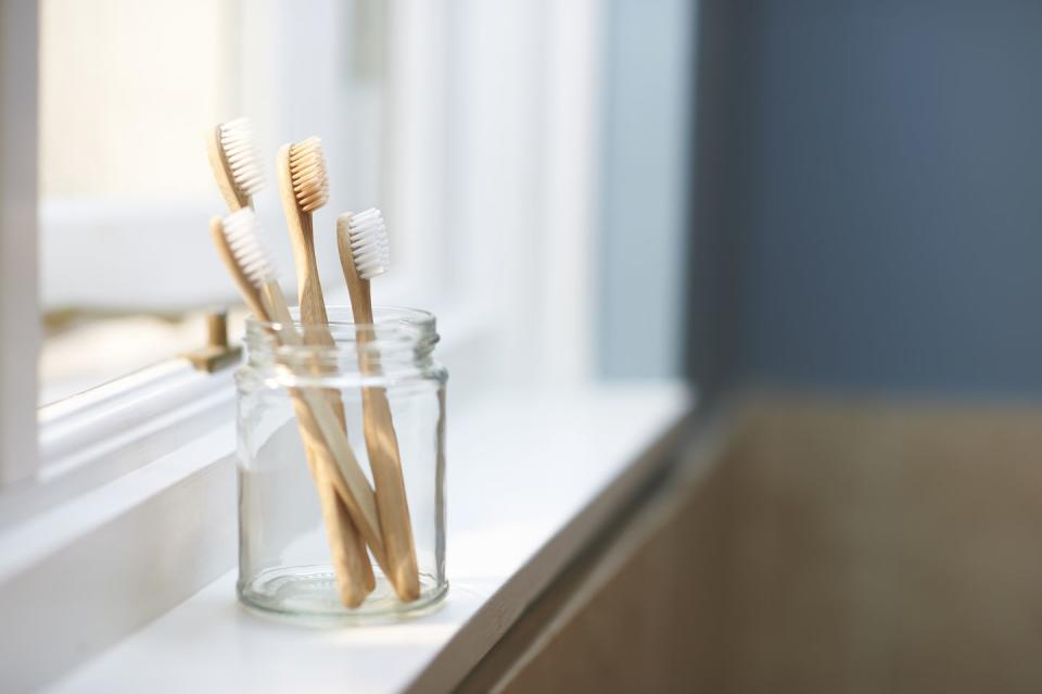 plastic free family toothbrushes in bathroom