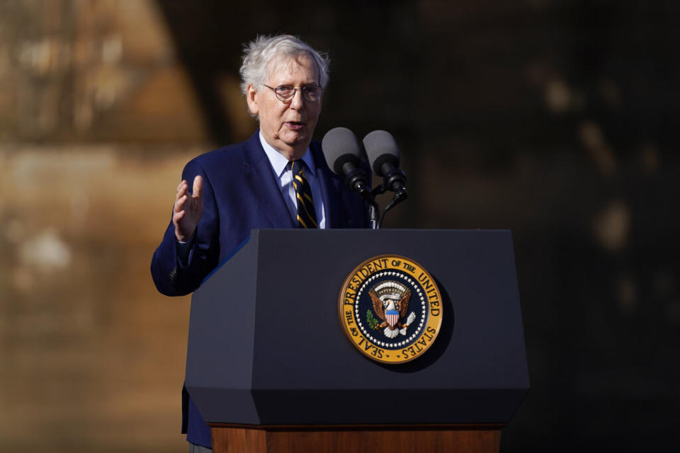 Senate Minority Leader Mitch McConnell of Ky., speaks under the Clay Wade Bailey Bridge Wednesday, Jan. 4, 2023, in Covington, Ky. (AP Photo/Patrick Semansky)