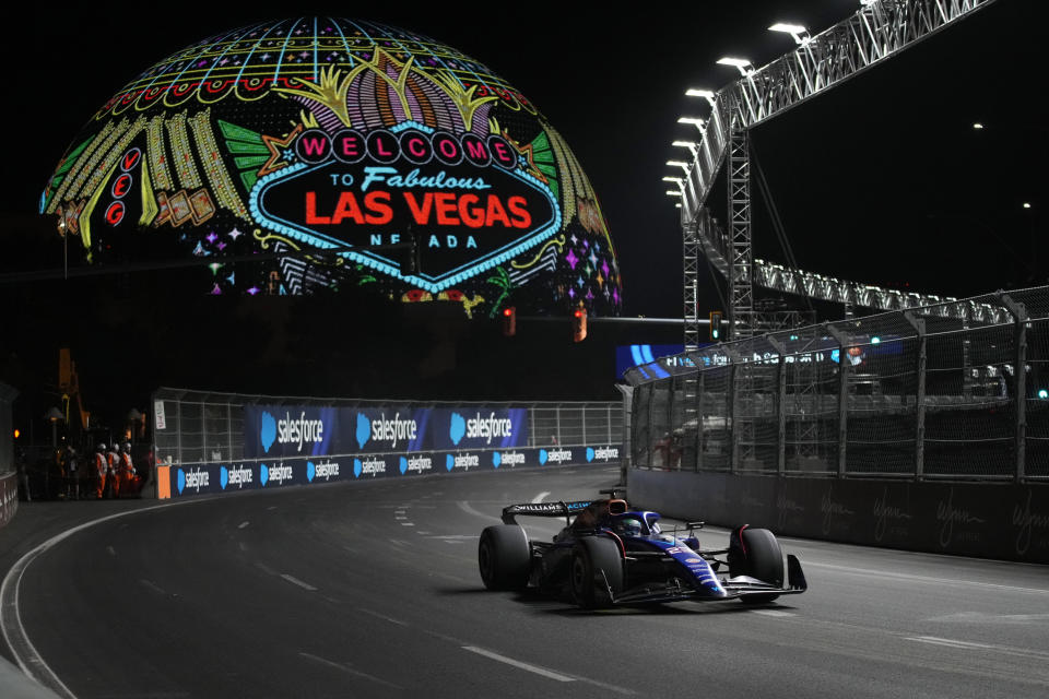 Williams driver Alexander Albon, of Thailand, drives during the final practice session for the Formula One Las Vegas Grand Prix auto race, Friday, Nov. 17, 2023, in Las Vegas. (AP Photo/John Locher)