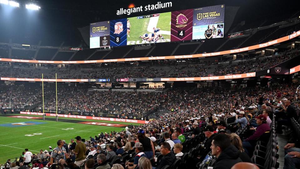 A shot of the crowd at Allegiant Stadium during the Roosters vs. Manly match.