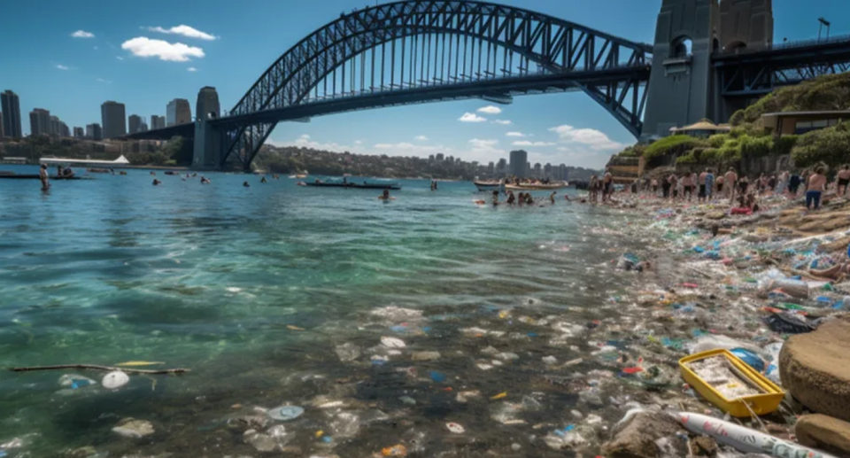 An image created on AI platform Midjourney shows how Sydney Harbour could look in 2050 if Australia's plastic recycling programs continue to fail. Source: Rianti Bieler
