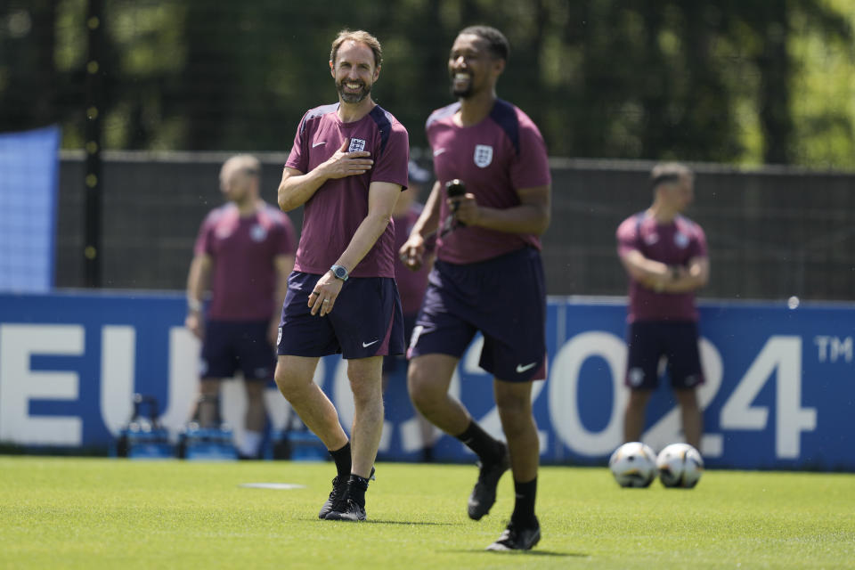 England's manager Gareth Southgate gestures during training session in Blankenhain, Germany, Tuesday, July 9, 2024 ahead of the semifinal match against The Netherlands at the Euro 2024 soccer tournament. (AP Photo/Thanassis Stavrakis)