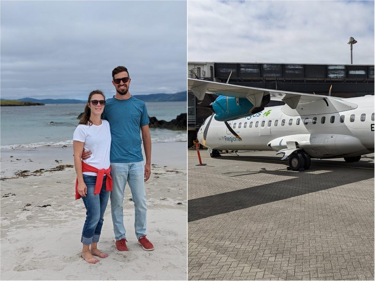 Left: Ansen Bayer and his wife. Right: The Aer Lingus flight they boarded without their luggage.