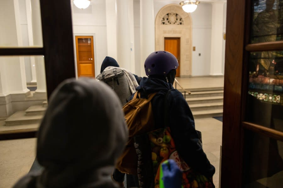 NEW YORK, NEW YORK – APRIL 29: Demonstrators enter into Hamilton Hall where they proceeded to barricade themselves in the academic building which has been occupied in past student movements, on Tuesday, April 30, 2024 in New York City. Pro-Palestinian demonstrators marched around the “Gaza Solidarity Encampment” at Columbia University as a 2 P.M. deadline to clear the encampment given to students by the university passed. The students were given a suspension warning if they do not meet the deadline. Columbia students were the first to erect an encampment in support of Palestine, with students demanding that the school divest from Israel amid the Israel-Hamas war, where more than 34,000 Palestinians have been killed in the Gaza Strip. (Photo by Alex Kent/Getty Images)