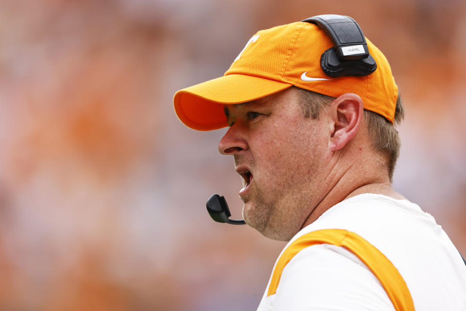 Tennessee head coach Josh Heupel watches action during the first half of an NCAA college football game against Tennessee Tech Saturday, Sept. 18, 2021, in Knoxville, Tenn. (AP Photo/Wade Payne)