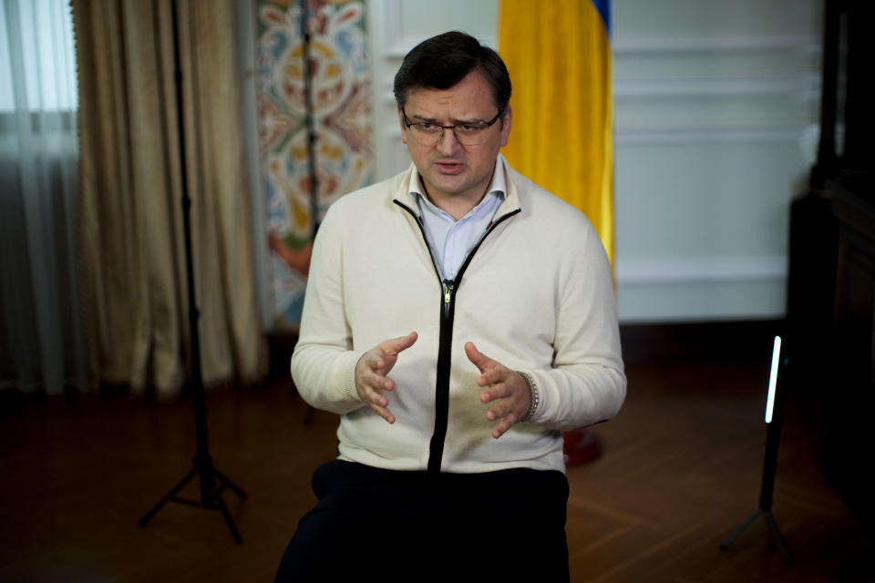 Ukrainian Foreign Minister Dmytro Kuleba talks during an interview with Associated Press at the Foreign Affairs Ministry in Kyiv, Monday, April 25, 2022. (AP Photo/Francisco Seco)