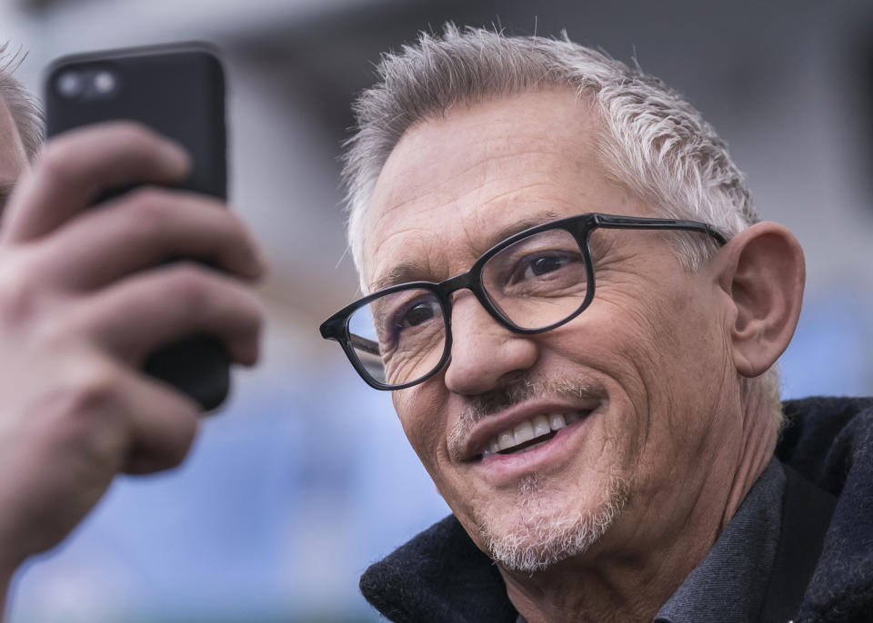 Gary Lineker arrives at the Etihad Stadium in Manchester to present live coverage of the FA Cup quarter-final between Manchester City and Burnley on the BBC, following a row which was sparked after he was taken off air for a tweet comparing the language used to launch a new Government asylum seeker policy to that of 1930s Germany. Picture date: Saturday March 18, 2023. (Photo by Danny Lawson/PA Images via Getty Images)