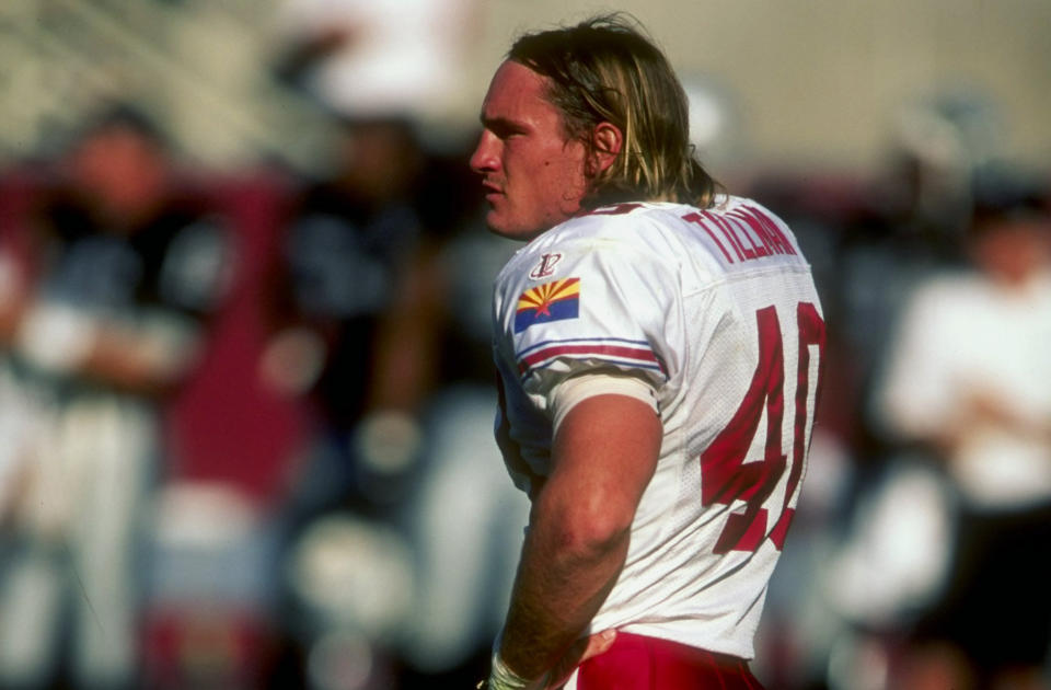 Safety Pat Tillman #40 of the Arizona Cardinals looks on during a game against the Oakland Raiders at the Sun Devil Stadium in Tempe, Arizona. The Raiders defeated the Cardinals 23-20. (Photo by Todd Warshaw /Allsport)