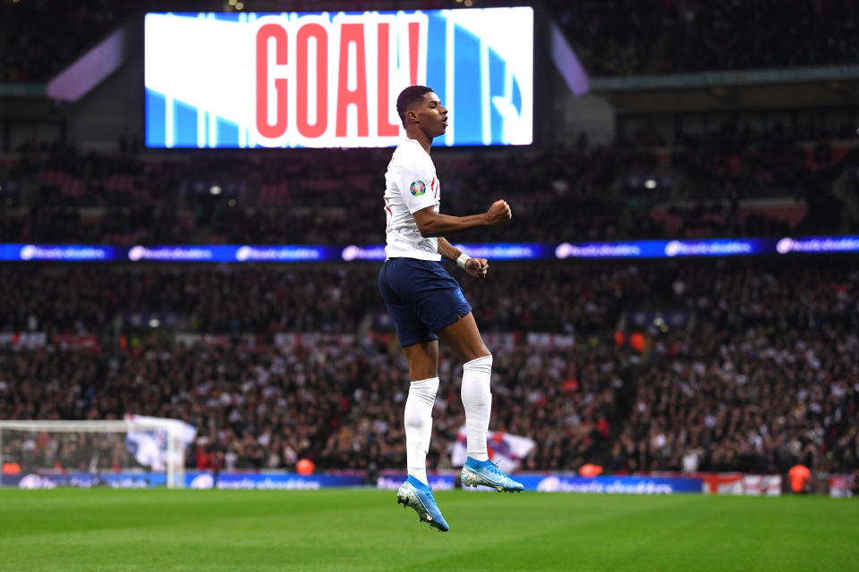 Marcus Rashford of celebrates continued his recent goalscoring form. (Photo by Laurence Griffiths/Getty Images)