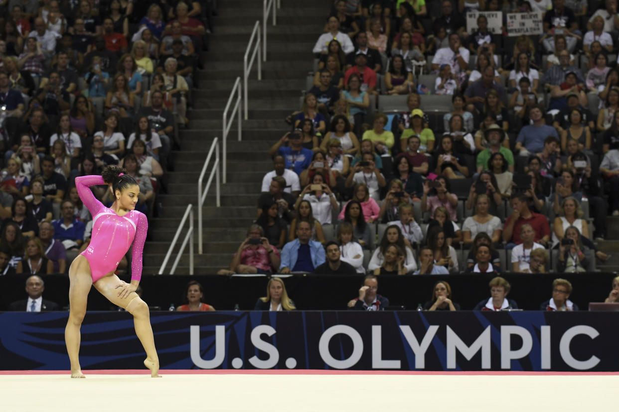 Laurie Hernandez during a floor exercise at the women's Olympic gymnastics trials.