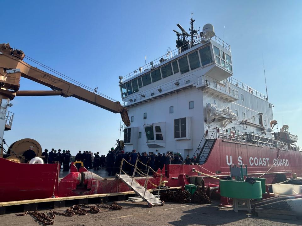 In September, the crews of seven cutter ships stand aboard the Mackinaw, the biggest of the Coast Guard cutters on the Great Lakes, as they compete in the 2023 cutter Olympics.