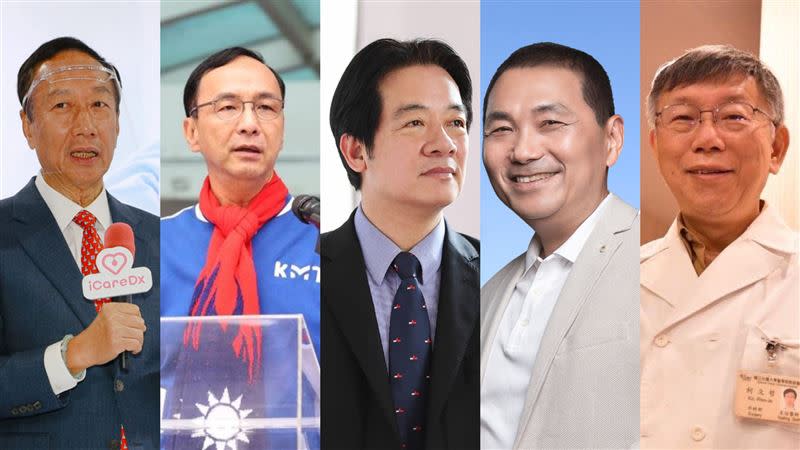 2024總統人選聲量曝光！郭台銘（左）衝第一，柯文哲（右）輸朱立倫（左二）。（合成圖／翻攝自郭台銘、朱立倫、賴清德、侯友宜、柯文哲臉書）