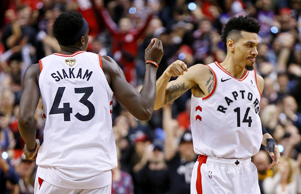 May 30, 2019; Toronto, Ontario, CAN; Toronto Raptors guard Danny Green (14) reacts with forward Pascal Siakam (43) during the fourth quarter against the Golden State Warriors in game one of the 2019 NBA Finals at Scotiabank Arena. Mandatory Credit: John E. Sokolowski-USA TODAY Sports