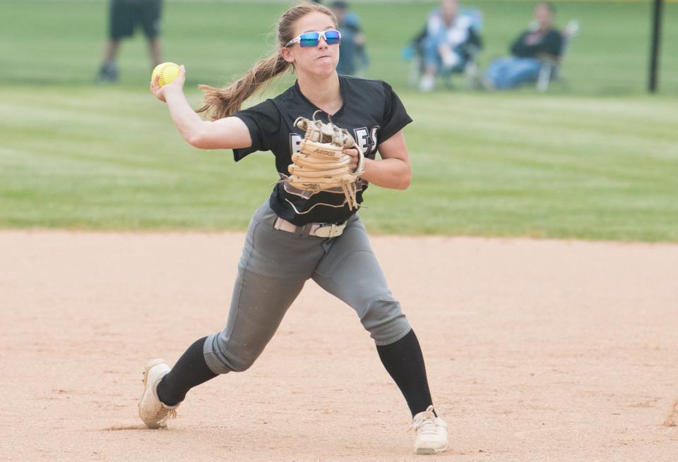 Egg Harbor Township's Madison Biddle throws out a runner during the South Jersey Group 4 softball final between Egg Harbor Township and Kingsway played at Egg Harbor Township High School on Friday, May 27, 2022.  Due to inclement weather, the game was suspended until Saturday, May 28, 2022.