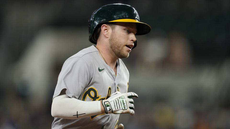 Oakland Athletics' Nick Allen runs the bases after hitting a solo home run against the Texas Rangers during the third inning of a baseball game in Arlington, Texas, Monday, Aug. 15, 2022. (AP Photo/Tony Gutierrez)