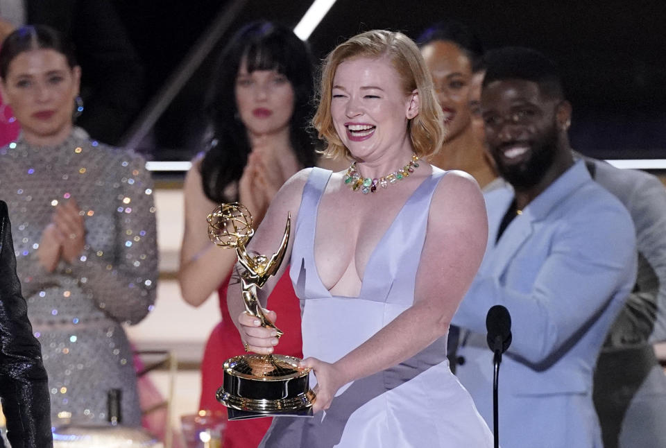 Sarah Snook reacts as "Succession" wins the Emmy for outstanding drama series at the 74th Primetime Emmy Awards on Monday, Sept. 12, 2022, at the Microsoft Theater in Los Angeles. (AP Photo/Mark Terrill)