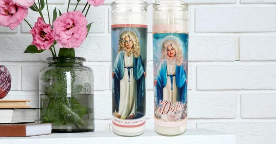 Saint Dolly Parton parody candle