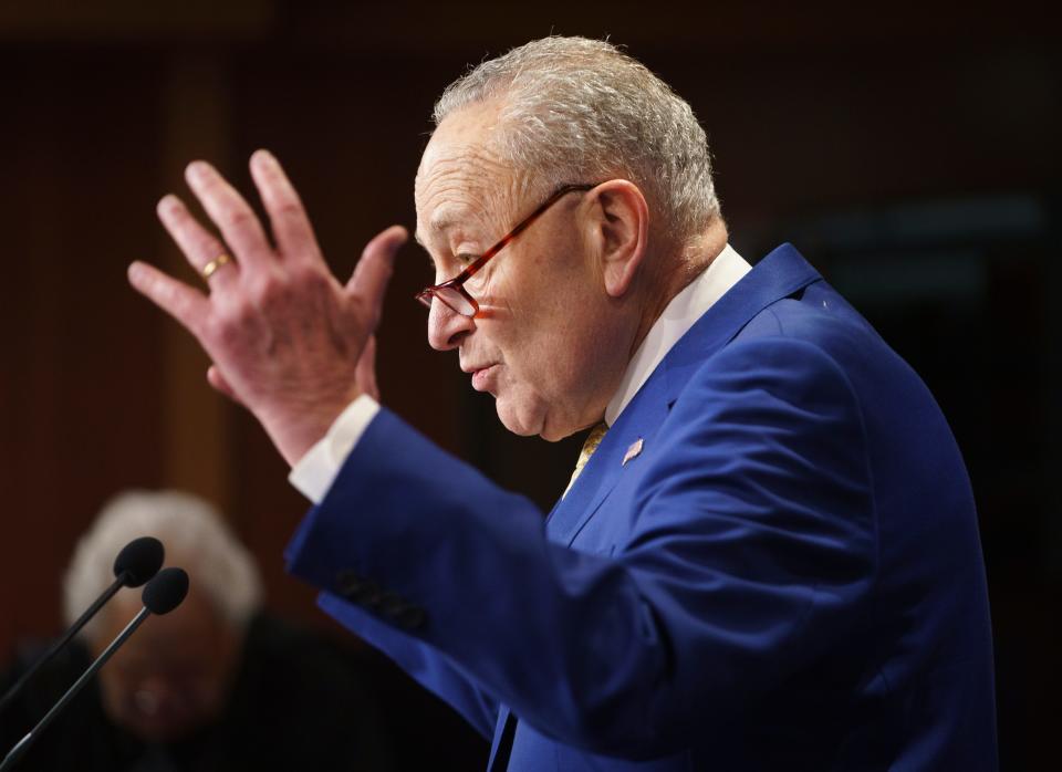 Senate Majority Leader Chuck Schumer during a press conference following the Senate vote early Tuesday morning passing a $95 billion emergency defense spending bill, including $60 billion for Ukraine, on Tuesday, Feb. 13, 2024.