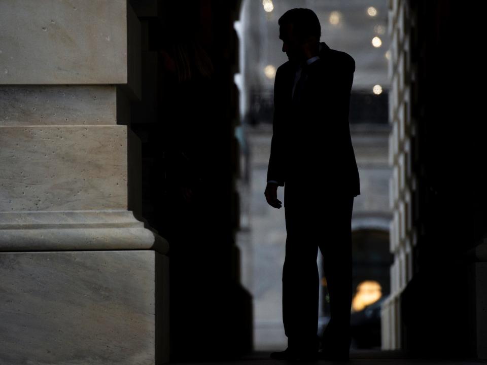 Sen. Mitt Romney departs from the Capitol after the Senate voted to acquit President Donald Trump on Wednesday, Feb. 5, 2020.