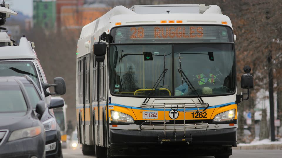 A 28 bus in Boston. The city has made three routes free as part of a pilot program.  - Lane Turner/The Boston Globe/Getty Images