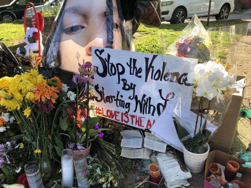 A memorial to Anthony J. Thompson Jr. outside Austin-East Magnet High School, where he was fatally shot.