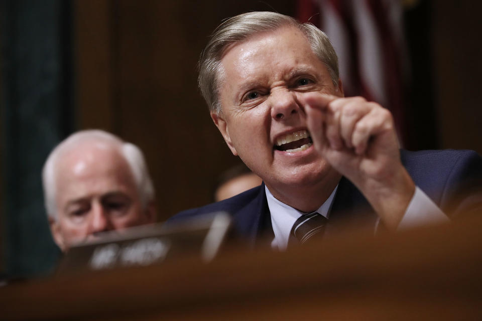 Senate Judiciary Committee member Sen. Lindsey Graham (R-SC) shouts while questioning Judge Brett Kavanaugh during his Supreme Court confirmation hearing in the Dirksen Senate Office Building on Capitol Hill Sept. 27, 2018 in Washington, DC. (Photo: Win McNamee/Getty Images)