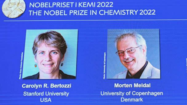 PHOTO: A display shows the winners of the 2022 Nobel Prize in Chemistry, US's Carolyn Bertozzi (L) and Barry Sharpless (R), and Denmark's Morten Meldal (C) during a press conference at the Royal Swedish Academy of Sciences in Stockholm, on Oct. 5, 2022.  (Jonathan Nackstrand/AFP via Getty Images)