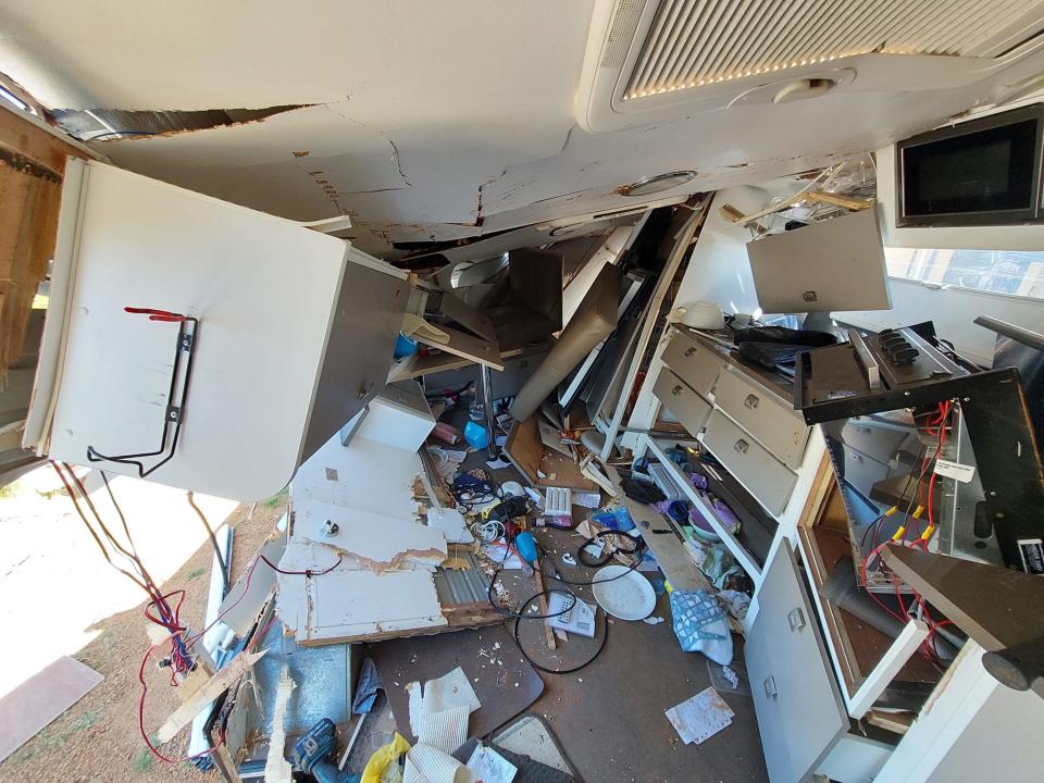 Inside the damaged caravan.