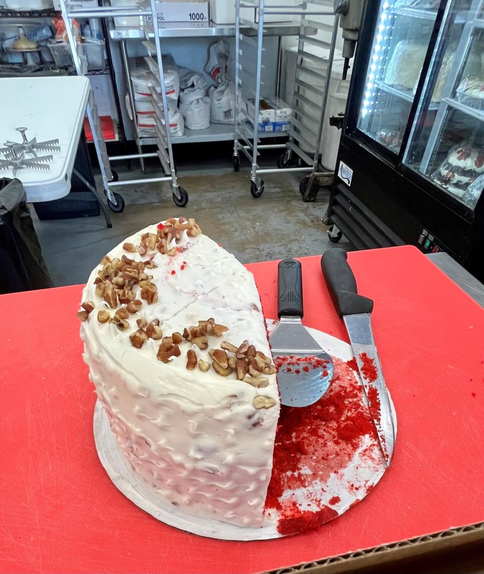 Generous slices of The Bubble Room's red velvet cake are ready to be packaged up at Broadway Palm in Fort Myers on Friday.