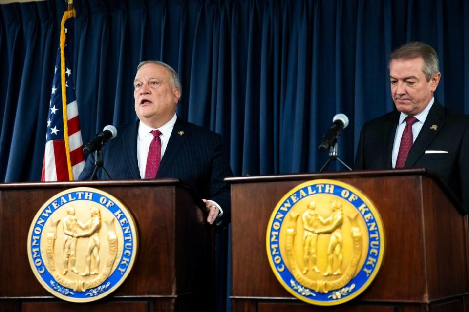 Speaker of the House, Rep. David W. Osborne and Senate President Sen. Robert Stivers speak during a press conference about the 2024 Regular Session priorities in Frankfort, Ky, Wednesday, January 3, 2023.