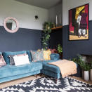 <p> Get creative with on-trend paint shades. In this stylish lounge area, the room has been divided into two halves. Recreate this simple living room paint idea by using masking tape to create a division. </p> <p> The brooding dark shade of blue fills the lower half of the room, great for cosy evenings in, anchoring the space. The top half is a softer aqua shade that offsets the darker blue beautifully and keeps the space airy in the daytime. </p>