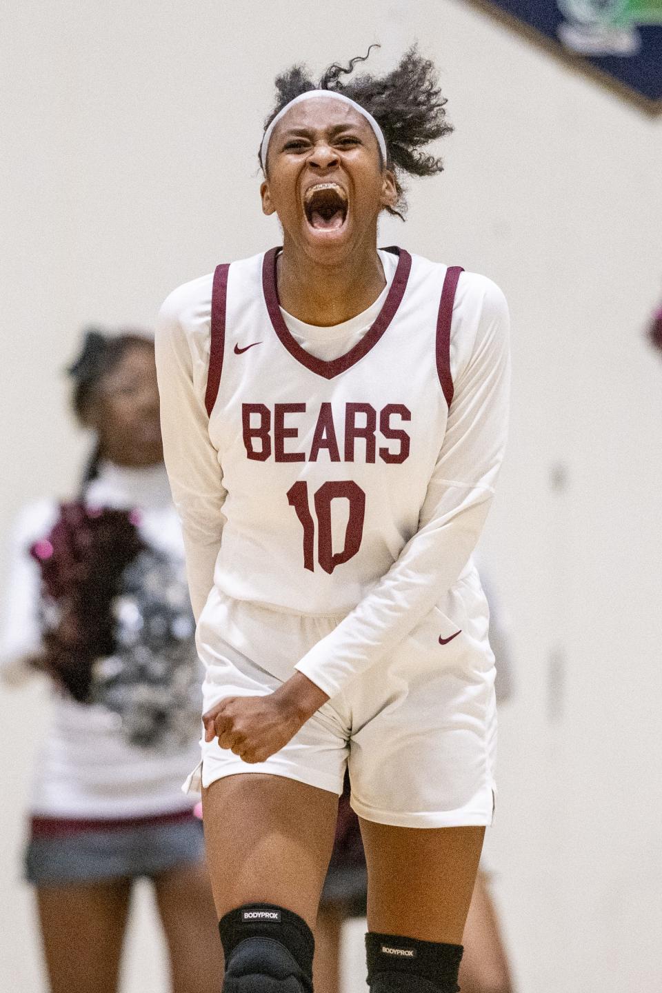 Lawrence Central High School junior Jaylah Lampley (10) reacts after scoring during the second half of an IHSAA Class 4A Sectional semi-final basketball game against Lawrence North High School, Friday, Feb. 2, 2024, at Cathedral High School. Lawrence Central won, 61-54.