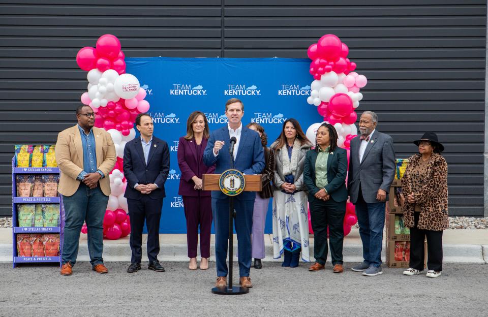 Kentucky Gov. Andy Beshear along with Louisville Mayor Craig Greenberg as well as other state and local officials announced that pretzel manufacturer Stellar Snacks of Carson City, Nevada, made the commitment to invest $137 million dollars and bring 350 full-time jobs to West Louisville. Oct. 17, 2023.