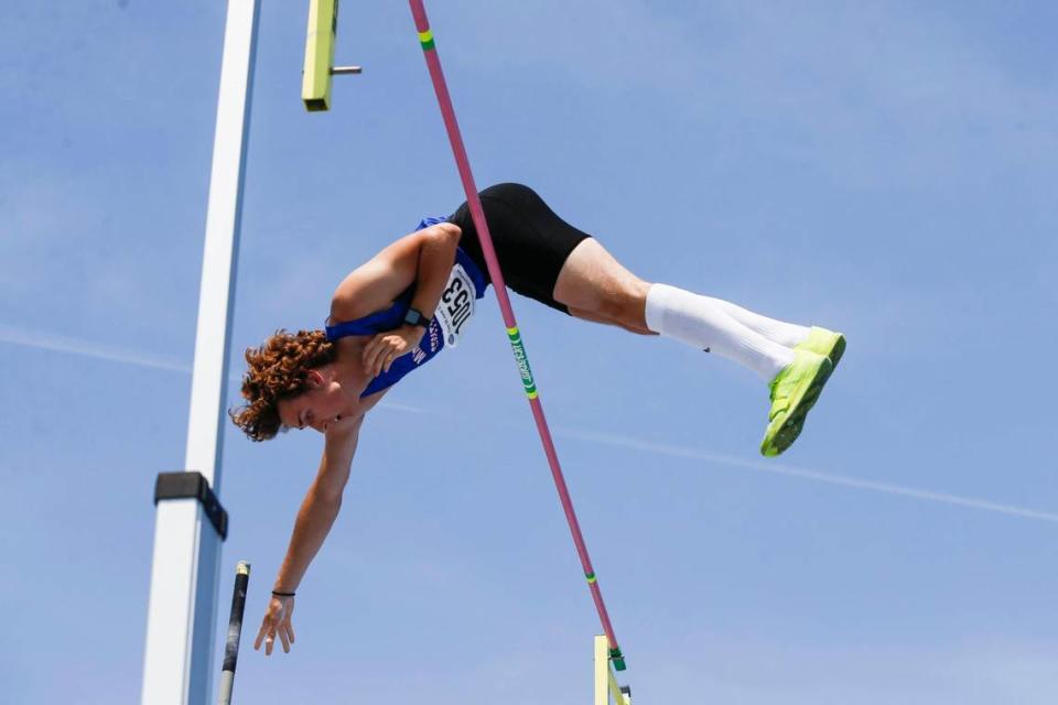 Madison Central’s Wyatt Stewart sets a new state record in the pole vault with a mark of 16 feet, 8 inches during the Class 3A Track and Field State Championships at the University of Kentucky Track and Field Facility on Saturday.