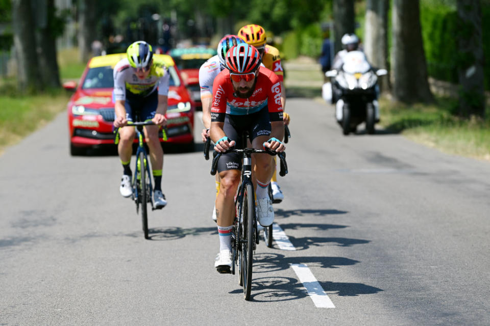 SALINSLESBAINS  JUNE 08 Thomas De Gendt of Belgium and Team Lotto Dstny competes in the breakaway during the 75th Criterium du Dauphine 2023 Stage 5 a 1911km stage from CormoranchesurSane to SalinslesBains  UCIWT  on June 08 2023 in SalinslesBains France Photo by Dario BelingheriGetty Images